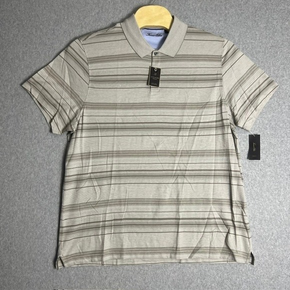 NWT Tasso Elba Mens Signature‎ Khaki Striped 100% Cotton Polo Shirt Size XXL - Picture 1 of 8